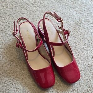 Red Patent Slingback Heels with Ankle Strap - Women